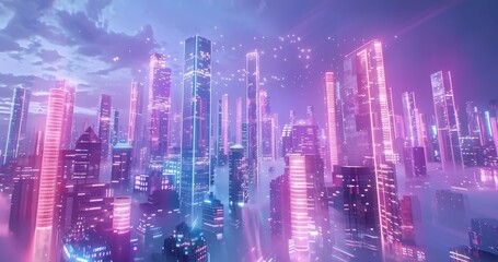 Neon pink and purple city with luminous skyscrapers at dusk. 3D rendering of digital urban landscape