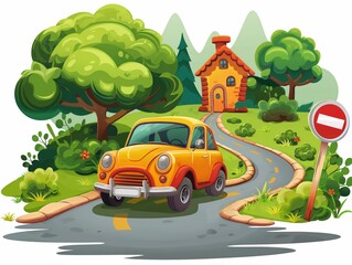 Illustration of driving education theme, car navigating curvy road near house, isolated on white background