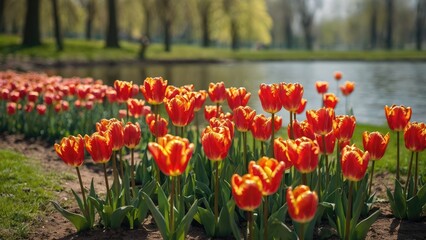 Blooming tulips in a park by the lake. Spring scenic background. Generated with AI