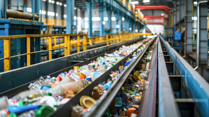 Waste sorting plant conveyors filled with various household waste. Modern waste processing