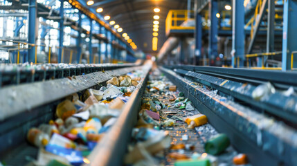 Waste sorting plant conveyors filled with various household waste. Modern waste processing - obrazy, fototapety, plakaty