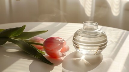 Tulip and glass diffuser in gentle sunlight.