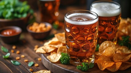 Glasses of beer with snacks on a wooden table, selective focus - obrazy, fototapety, plakaty