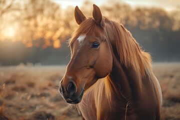 A brown horse with a white face is standing in a field - obrazy, fototapety, plakaty