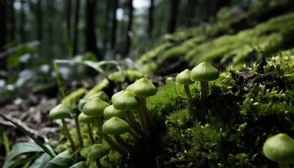 Details of Green Bud mushrooms in the forest. Generated with AI