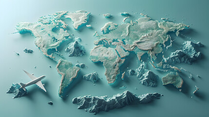 A white airplane captured mid-flight over a highly detailed, textured 3D map of the world in cool tones