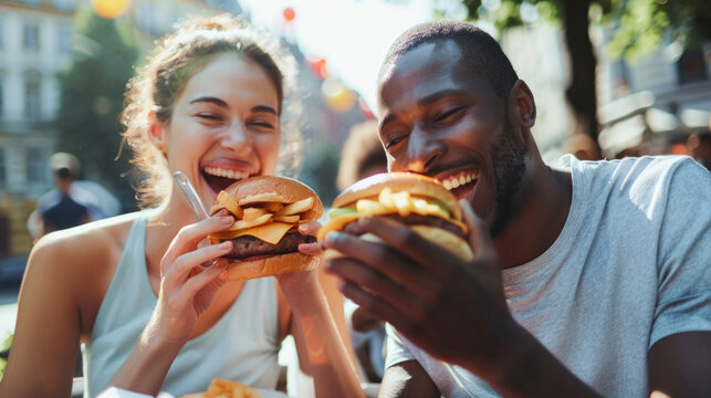 Young couple eating burger and chips outdoors