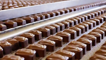 Row of chocolate factory conveyors, showcasing manufacturing automation. Generated with AI