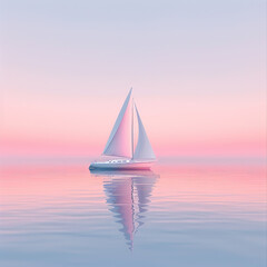A pastel pink and blue gradient background with sailboat on the sea surface - obrazy, fototapety, plakaty