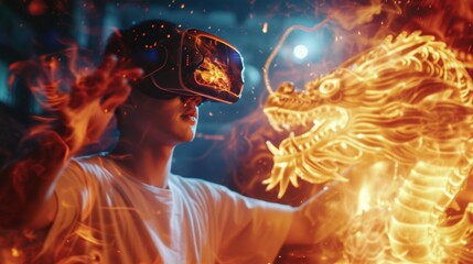A male is in a virtual fantasy world with fire dragon when wearing VR headset.
