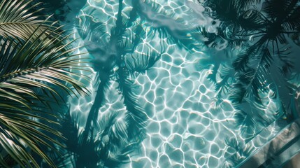 A high-resolution image that captures the essence of serenity in a tropical resort, focusing on the crystal clear water of a pool with the delicate shadows of palm leaves