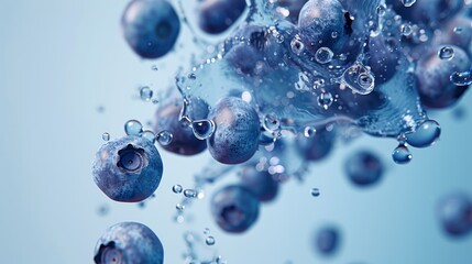 Blueberries in water splash isolated on blue background. Close-up macro shot with freeze motion of water droplets