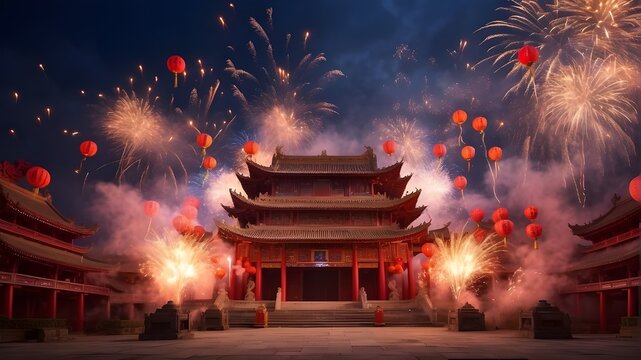 Lights and Celebrations Picture of fireworks celebrating the Chinese New Year with a backdrop of a Chinese temple