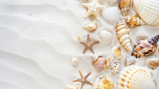 Close-up image of a collection of various seashells and starfish on soft white sand, focusing on the textures and subtle color variations, space for text