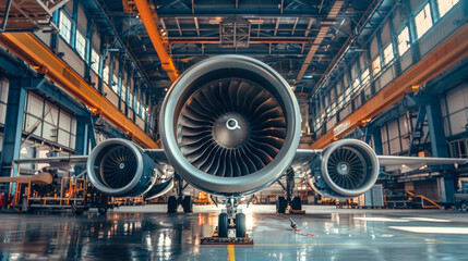 Open airplane engine in hangar - obrazy, fototapety, plakaty