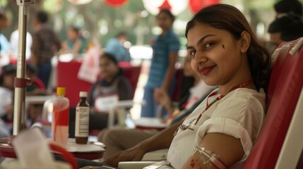 Smiling woman donating blood at a healthcare camp. Healthcare and volunteer concept.