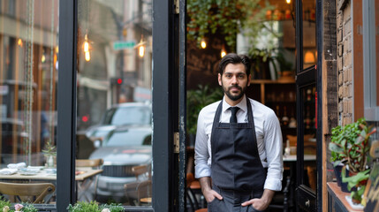 Portrait of waiter in doorway of city sidewalk cafe