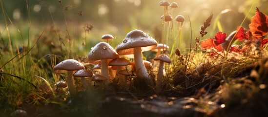 Scattered mushrooms are growing among the lush green grass with fallen leaves amidst the natural backdrop of more grass - obrazy, fototapety, plakaty