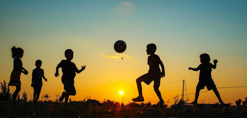 silhouette of Cute little children playing football outdoors