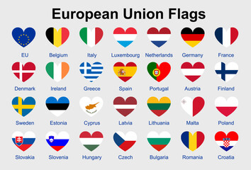 European Union flag vector icons set in the shape of heart. EU flag illustration - obrazy, fototapety, plakaty