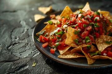 nachos with red salsa close up on a grey plate on a dark grey stone table