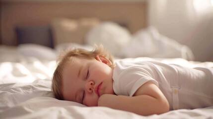 Obraz na płótnie Canvas Cute little baby sleeping on bed at home
