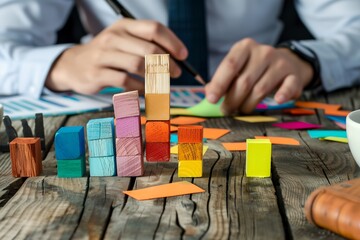 Naklejka premium A man is building a tower out of wooden blocks