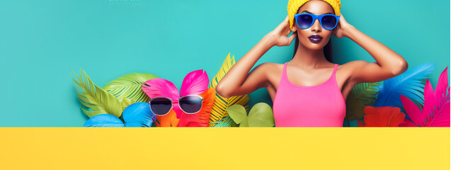 Colorful banner with beautiful woman in hat and sunglasses on multicolored background with paper...