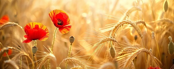 Red poppies and wheat in a field. Golden hour sunlight. Summer harvest and nature concept. - obrazy, fototapety, plakaty