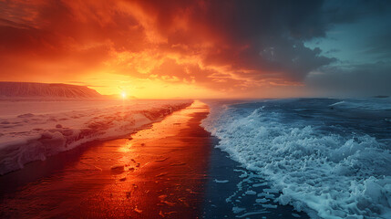 Stunning sunset over a frozen sea with vivid orange skies contrasting with the icy blue waters and snowy landscape