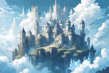 a fantasy castle floating in the clouds above it, in the style of mirrored realms, chaotic...
