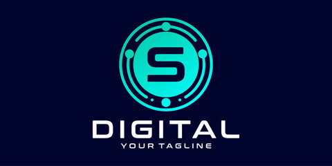 letter S technology logo. Digital font vector design for industry with circuit circles and dots, for digital, technology,data