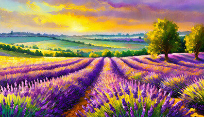 Vibrant golden hour sunset over romantic fields of lavender, beautiful country farm floral landscape oil paint style illustration.