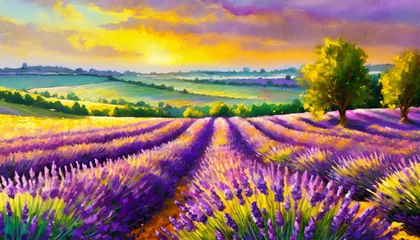 Poster Vibrant golden hour sunset over romantic fields of lavender, beautiful country farm floral landscape oil paint style illustration. © Marianne Campolongo