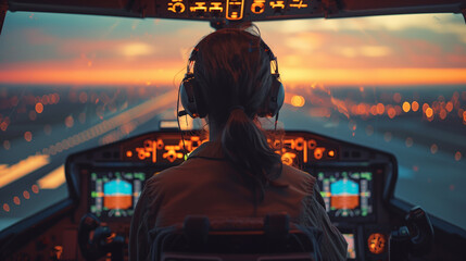 female pilot sitting in an airplane cabin - Powered by Adobe