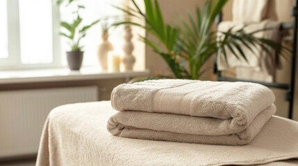 Towel on massage table in modern spa salon