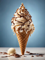 Cono de helado de vainilla con sirope de chocolate y almendras. - obrazy, fototapety, plakaty