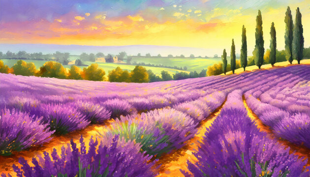 Golden hour sunset sky over purple fields of lavender. Beautiful oil painting style illustration for romantic anniversary,  Mothers Day greeting card, invite, poster, summer background.