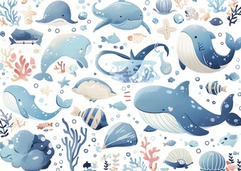 A colorful underwater scene with a variety of sea creatures, including whales