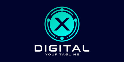 letter X technology logo. Digital font vector design for industry with circuit circles and dots, for digital, technology,data