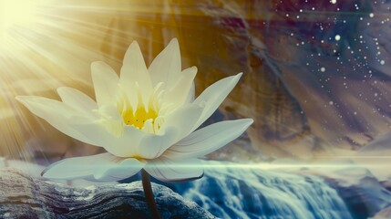 A white flower is in the foreground of a beautiful waterfall