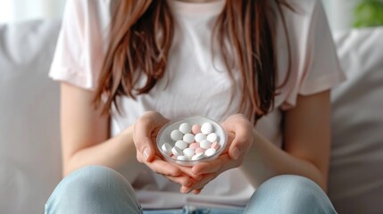 Young woman with pills at home, closeup. Gynecology concept - obrazy, fototapety, plakaty