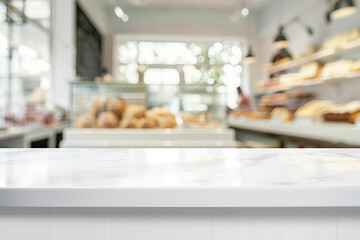 Blurred white marble counter in front of a blurred bakery shop interior showing customers, pastries and shelves displaying products with a background banner leaving space for copy. Display montage. - obrazy, fototapety, plakaty