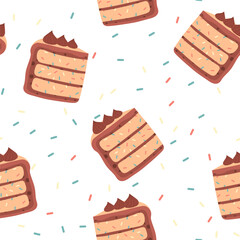 Seamless pattern with chocolate cake. Seamless pattern tasty cake. Pattern with delicious desserts. Flat cartoon vector illustration for wrapping paper, textile, postcards and stickers	