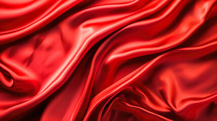 Obraz premium Red satin soft silk fabric drapery as background; abstract backdrop luxury cloth; wavy folds of silk texture velvet material; empty place to put your object