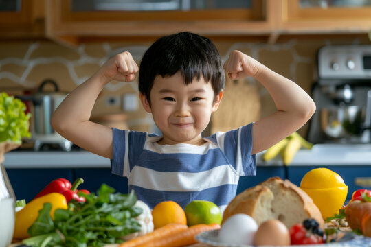 A young boy is standing in front of a table full of fruits and vegetables. He is smiling and flexing his arms muscle, eating healthy food concept