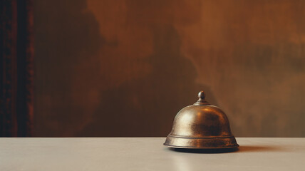 a bell for calling staff on a table in a hotel on a solid background with a copy space - obrazy, fototapety, plakaty