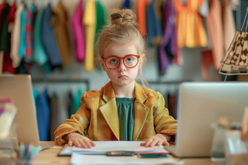 A young girl sits at a desk in front of a computer monitor, working on a fashion design project, kid start business.