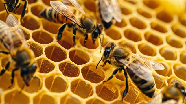 Bees working on honeycomb. Macro shot of apiary life and honey production