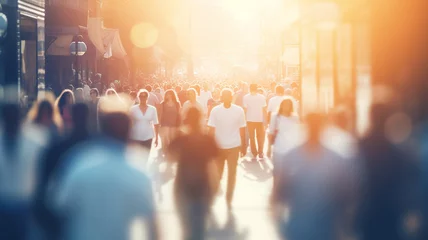 Fotobehang crowd of people on a sunny summer street blurred abstract background in out-of-focus, sun glare image light © kichigin19